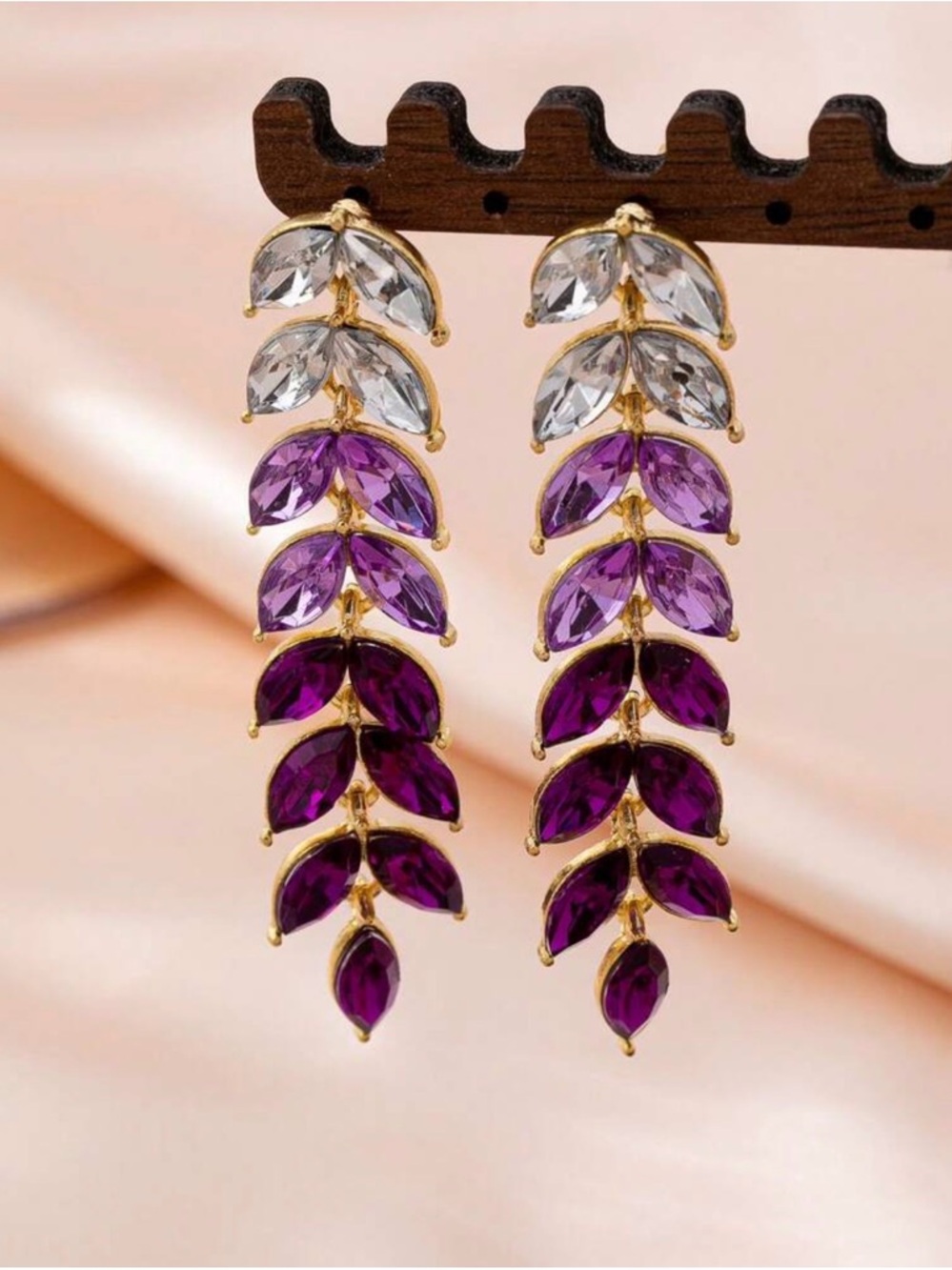 Gold-Tone Crystal Leaf Drop Earrings in Purple and Clear